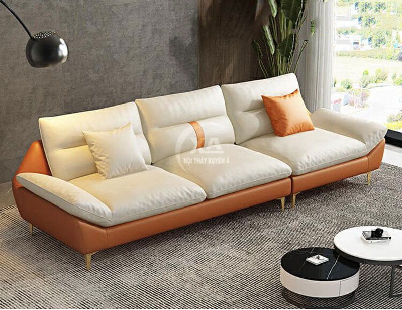 Ghế sofa băng bọc da cao cấp hiện đại màu cam trắng kem