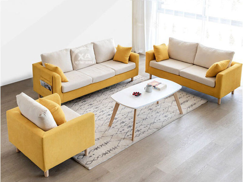 Ghế sofa băng kết hợp ghế đôn tạo thành bộ ghế đẹp hiện đại cho phòng khách